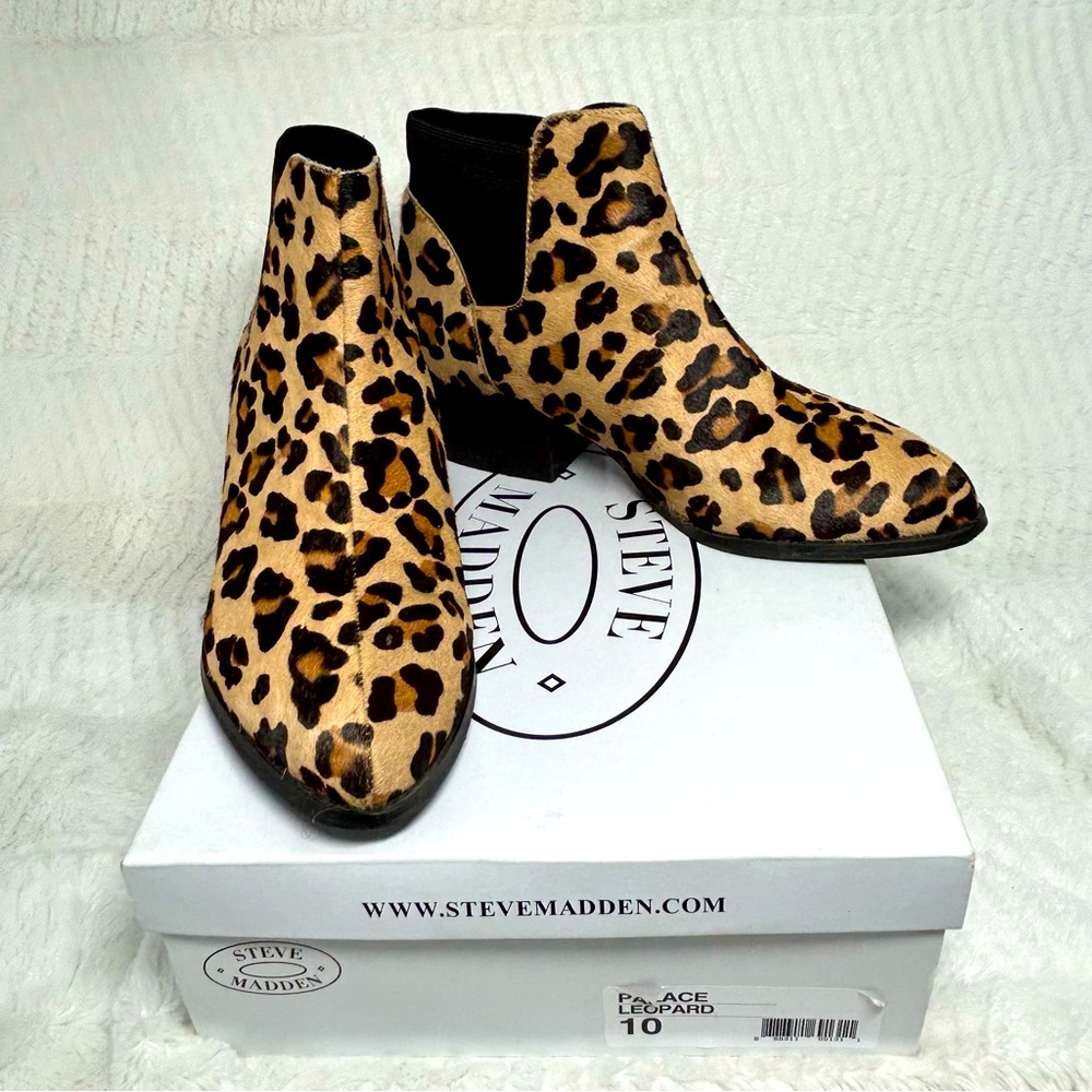 Steve Madden PALACE LEOPARD Calf Hair Leopard Print Cuban Heel Ankle Booties - Picture 3 of 12